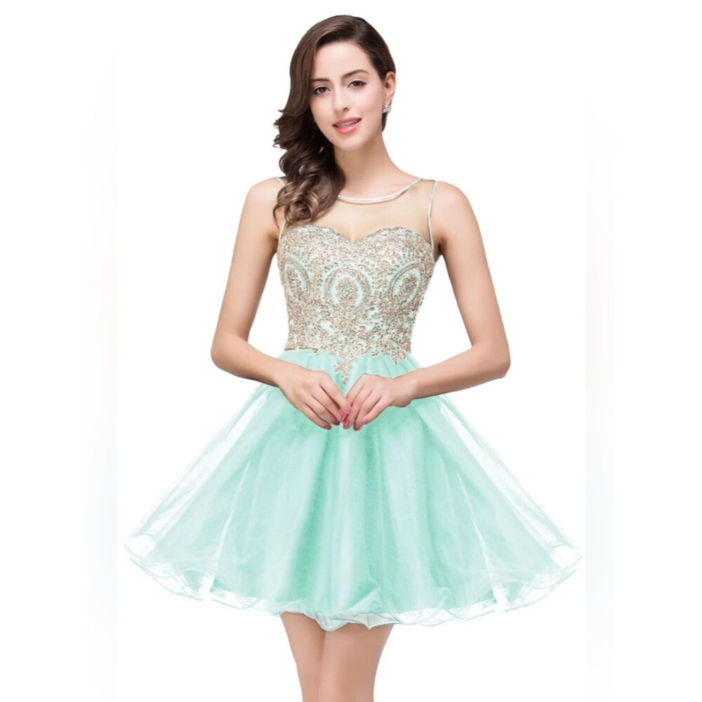 NWT green gold lace beaded Sheer Tulle short A Line Formal Party Prom Dress